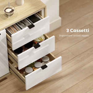 Credenza Moderna con 3 Cassetti e Armadietto Ante Lucide Bianco e Rovere