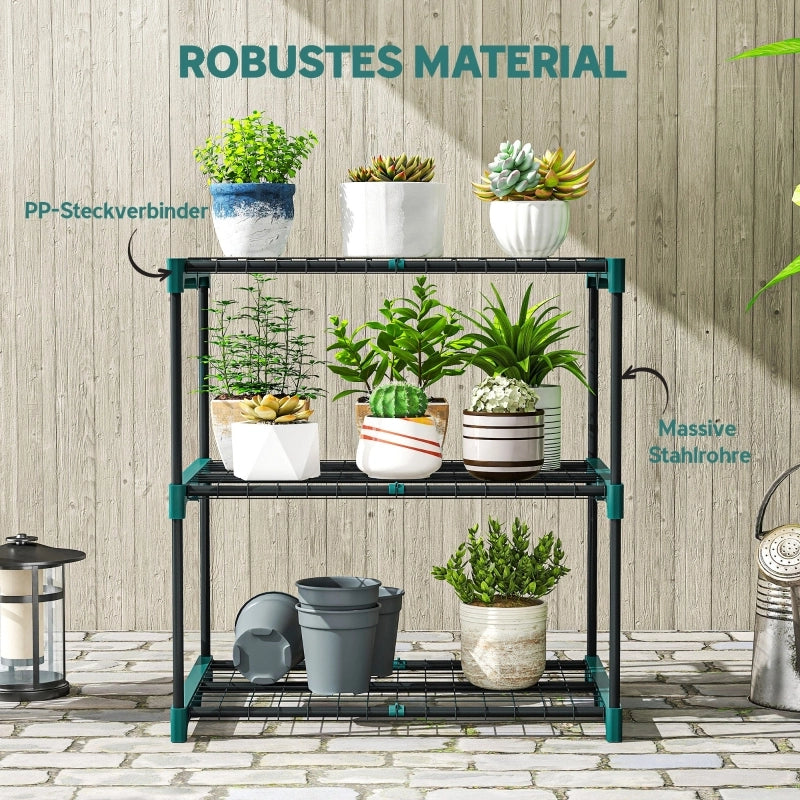 Scaffale a 3 livelli per piante con struttura a innesto in plastica e acciaio verde scuro 68 × 49 × 72 cm