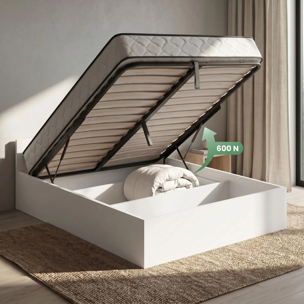 Letto con contenitore 140x200 cm rete sollevabile in metallo e materasso a molle Bianco