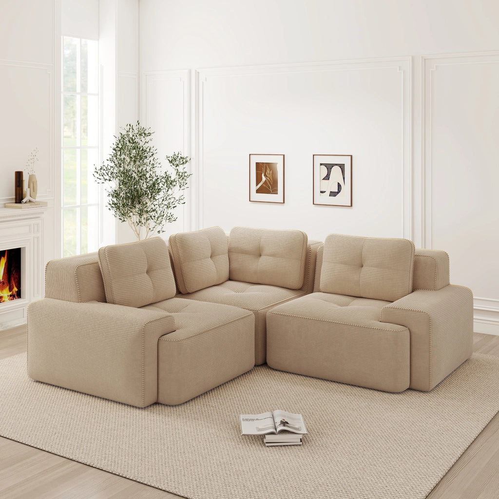Divano angolare modulare senza struttura rigida con schiuma ad alta densità e base antiscivolo, velluto a coste beige