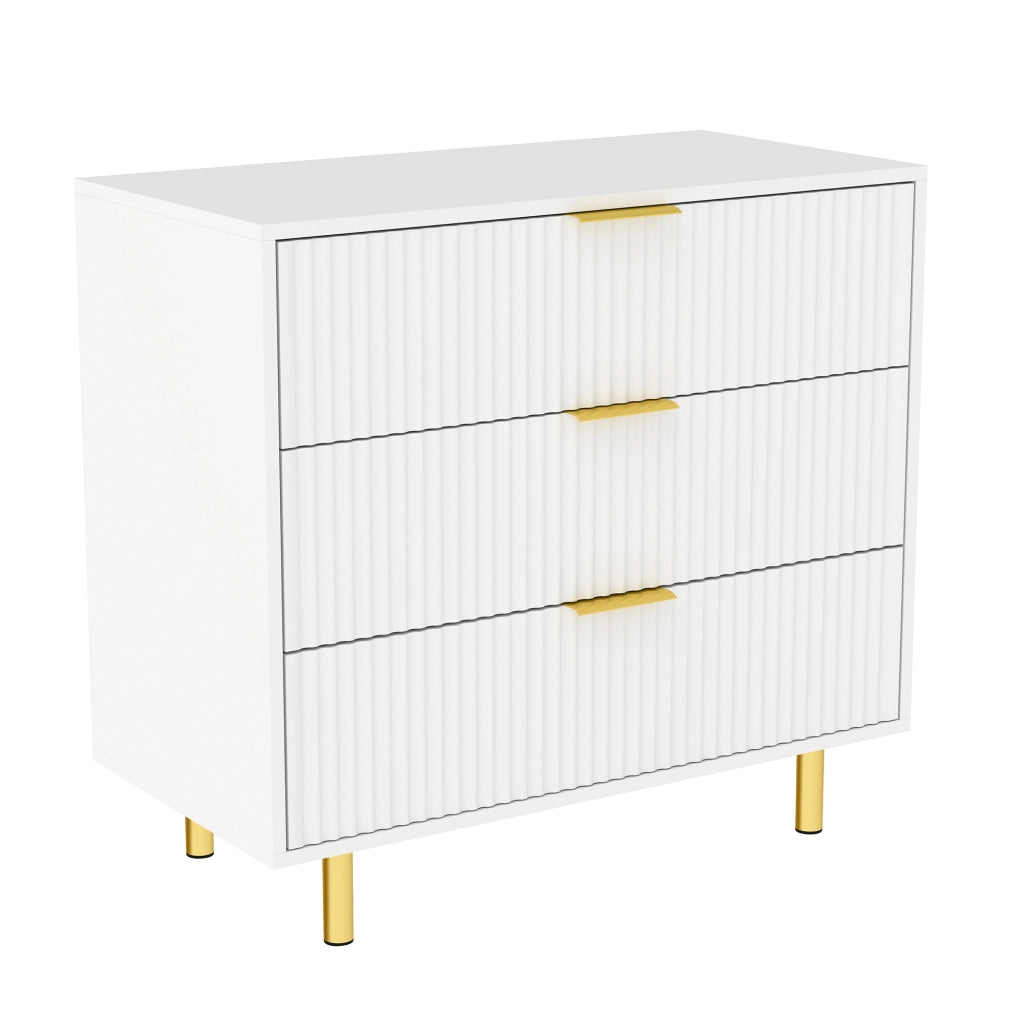 Cassettiera in MDF bianca con 3 cassetti e gambe in metallo dorato