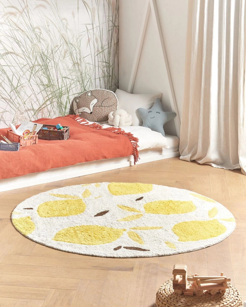 Tappeto in cotone beige chiaro e giallo ø 140 cm rotondo stile boho Soggiorno Bambini Camera dei bambini