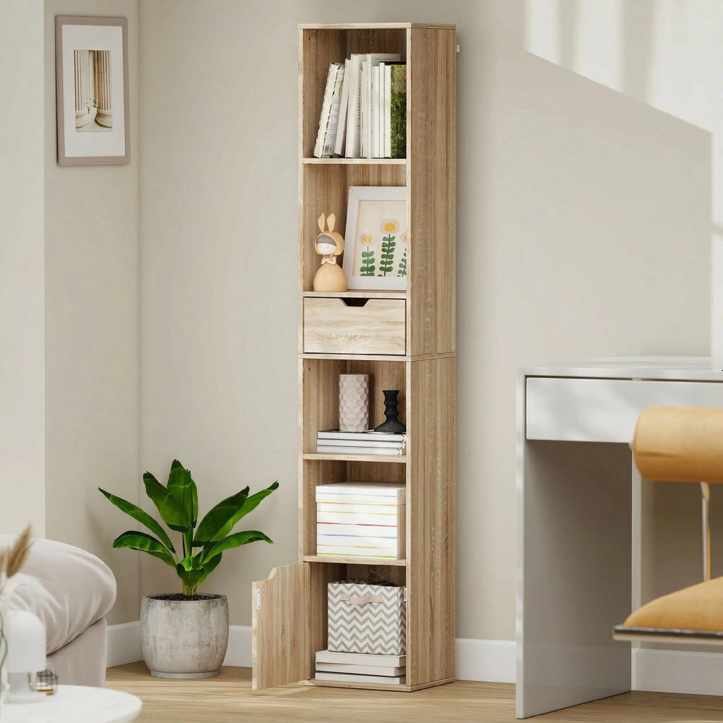 Scaffale Libreria 30x24x158 cm a 4 Ripiani Aperti con Armadietto e Cassetto Color Legno