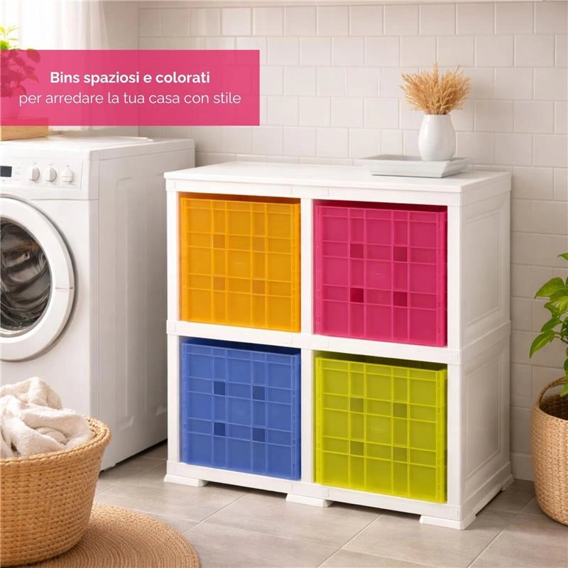 SCAFFALE 2 MODULI ANGORA 79X41X85,5 CM CON 4 CONTENITORI CUBO A SCORRIMENTO – LIBRERIA ORGANIZZATORE PER CAMERETTA E ZONA CREATIVA