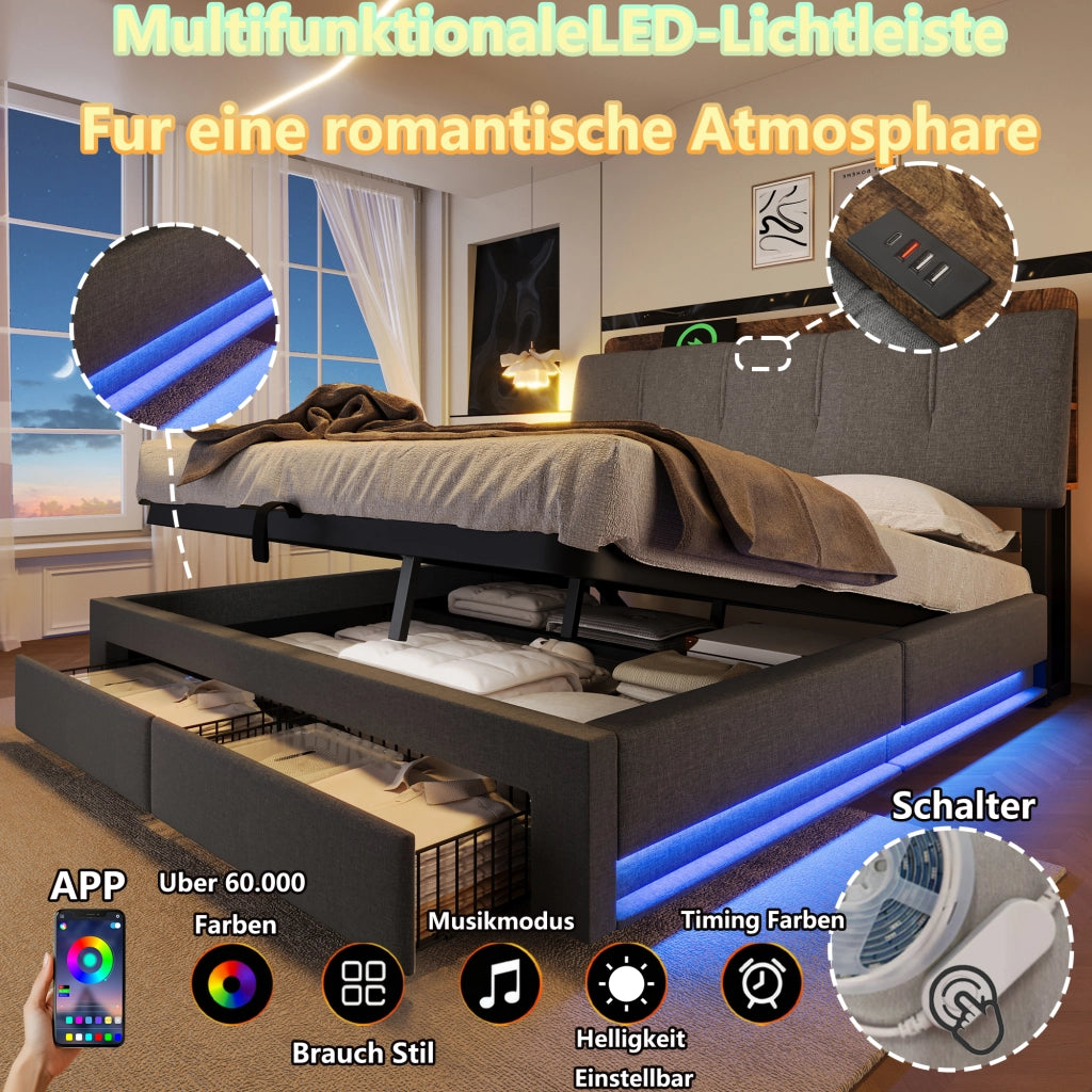 Letto imbottito idraulico con USB LED 140x200 cm colore grigio lino