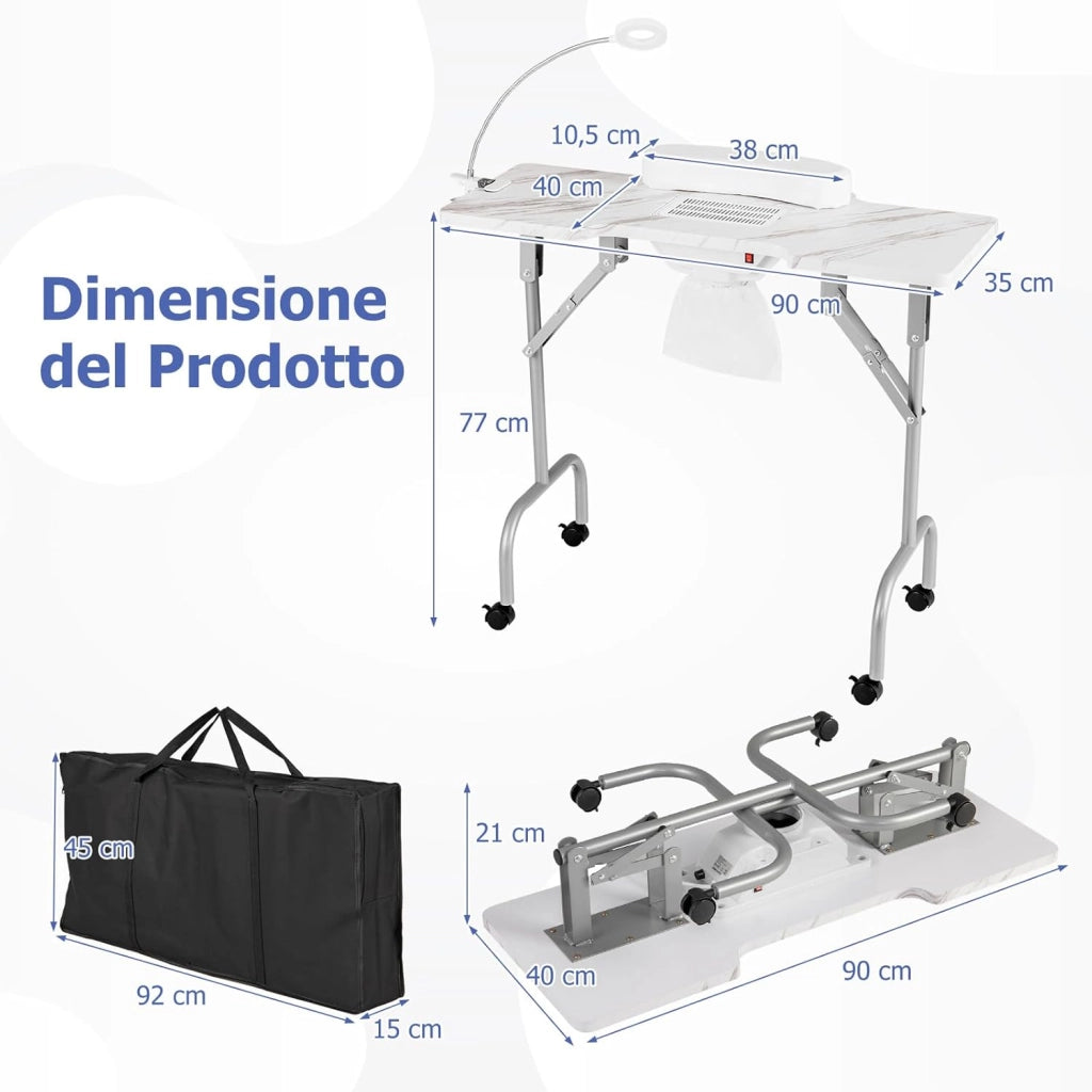 COSTWAY Tavolo per Manicure Pieghevole con Aspiratore Elettrico, Tavolo per Unghie Portatile con Luce LED, Cuscino Poggia Polso Clienti, Borsa e 4 Ruote Bloccabili (Bianco)