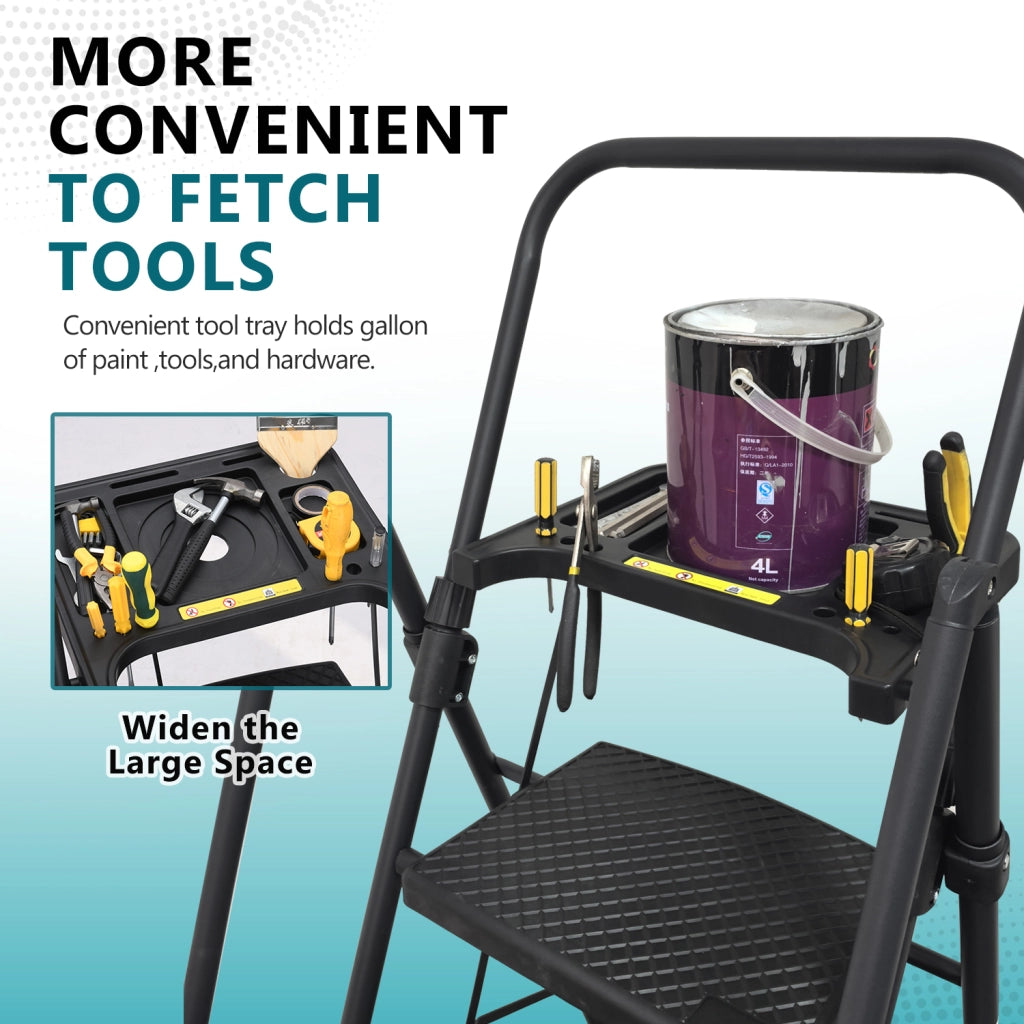 Scala Pieghevole 4 Gradini con Maniglione ¨C MINIMAL ¨C Acciaio, Antiscivolo, Nero
