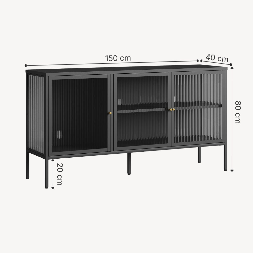 Mobile TV Vinterhavn Credenza in Acciaio Nero con 3 Ante in Vetro Scanalato 80x150x40 cm [en.casa]