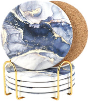 Set di 6 sottopiani ceramici rotondi - Sottopiani ceramici rapidamente assorbenti per bicchieri - Sottopiani ceramici con piede di legno per bicchieri - Sottopiani per tazze - Sottopiani - Con standard (aspetto marmo blu, set di 6)