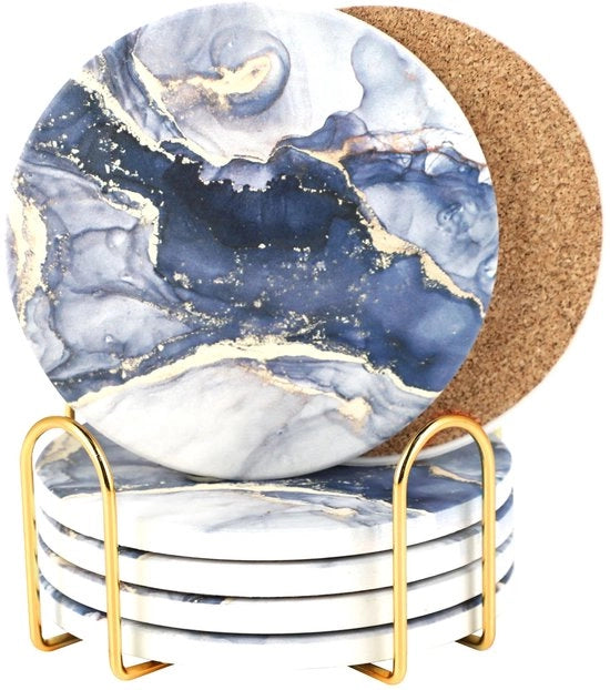 Set di 6 sottopiani ceramici rotondi - Sottopiani ceramici rapidamente assorbenti per bicchieri - Sottopiani ceramici con piede di legno per bicchieri - Sottopiani per tazze - Sottopiani - Con standard (aspetto marmo blu, set di 6)