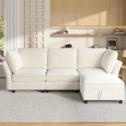 Divano angolare modulare 4 posti con pouf contenitore e seduta morbida in chenille beige per soggiorno
