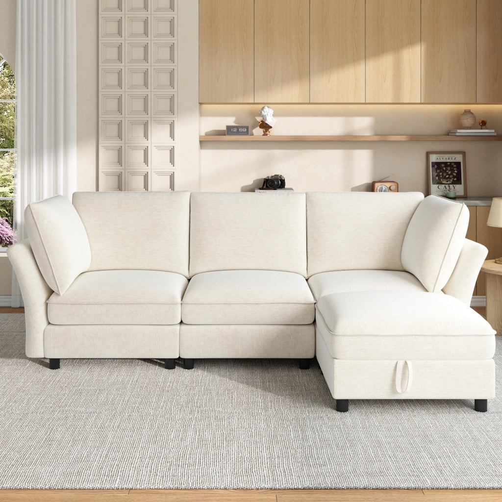 Divano angolare modulare 4 posti con pouf contenitore e seduta morbida in chenille beige per soggiorno