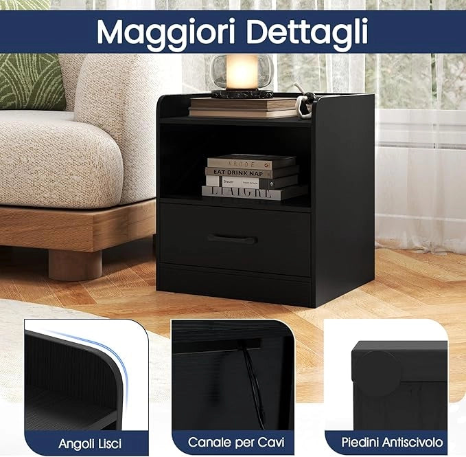 Comodino a 3 Livelli, Tavolino da Notte con Mensola Aperta e Cassetto Estraibile, Tavolino da Salotto con Luce, Telecomando, 44,5 x 40 x 50 cm, per Soggiorno e Camera da Letto