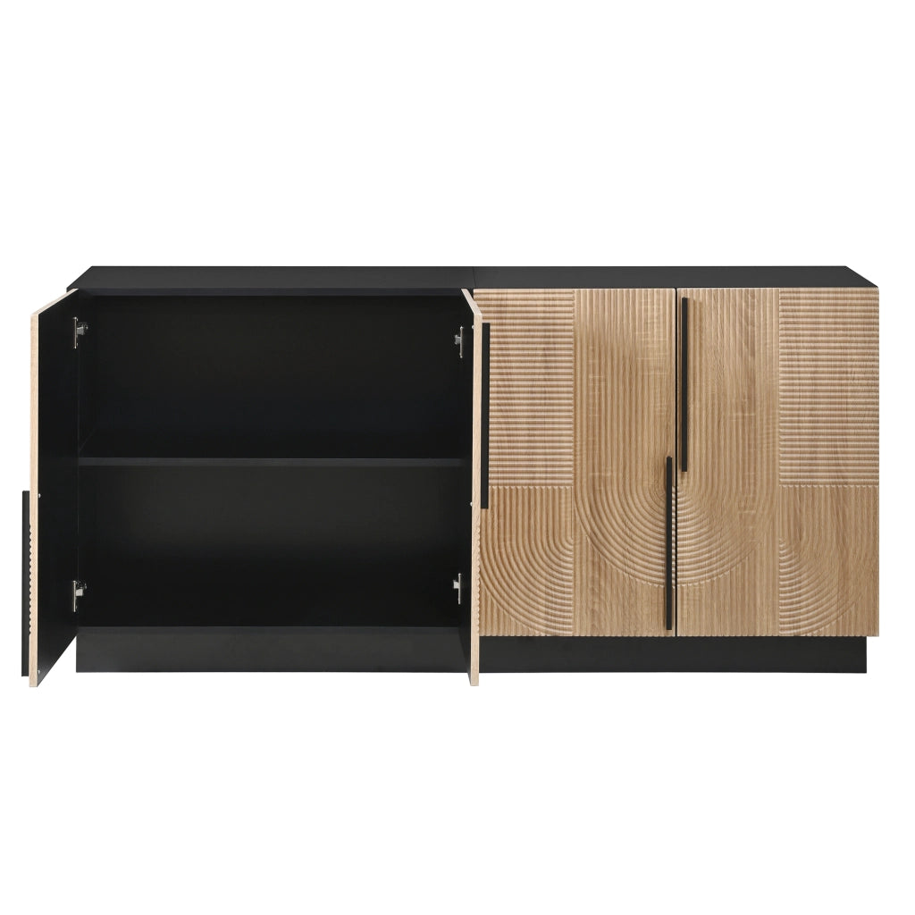 Credenza, mobile contenitore, ante con rilievi, maniglie in metallo, pannelli in truciolato + MDF, colore naturale e nero