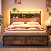 Struttura Letto con Testiera Contenitore, Letto a Piattaforma in Metallo con Stazione di Ricarica 3 Ripiani, Silenzioso, Carico Massimo 300kg (140 x 200cm Stile 2)