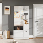 Mobile da ingresso con specchio, 2 scarpieri a ribalta e 5 vani aperti, in pannello truciolare bianco, 85 × 40 × 180 cm