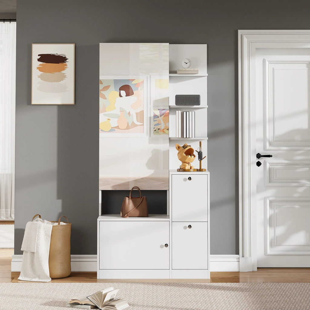 Mobile da ingresso con specchio, 2 scarpieri a ribalta e 5 vani aperti, in pannello truciolare bianco, 85 × 40 × 180 cm