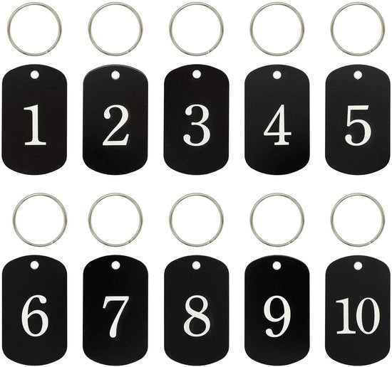 Etichette in alluminio con numeri gravi 1 a 100, chiavi, etichette di identificazione con chiavi, nero
