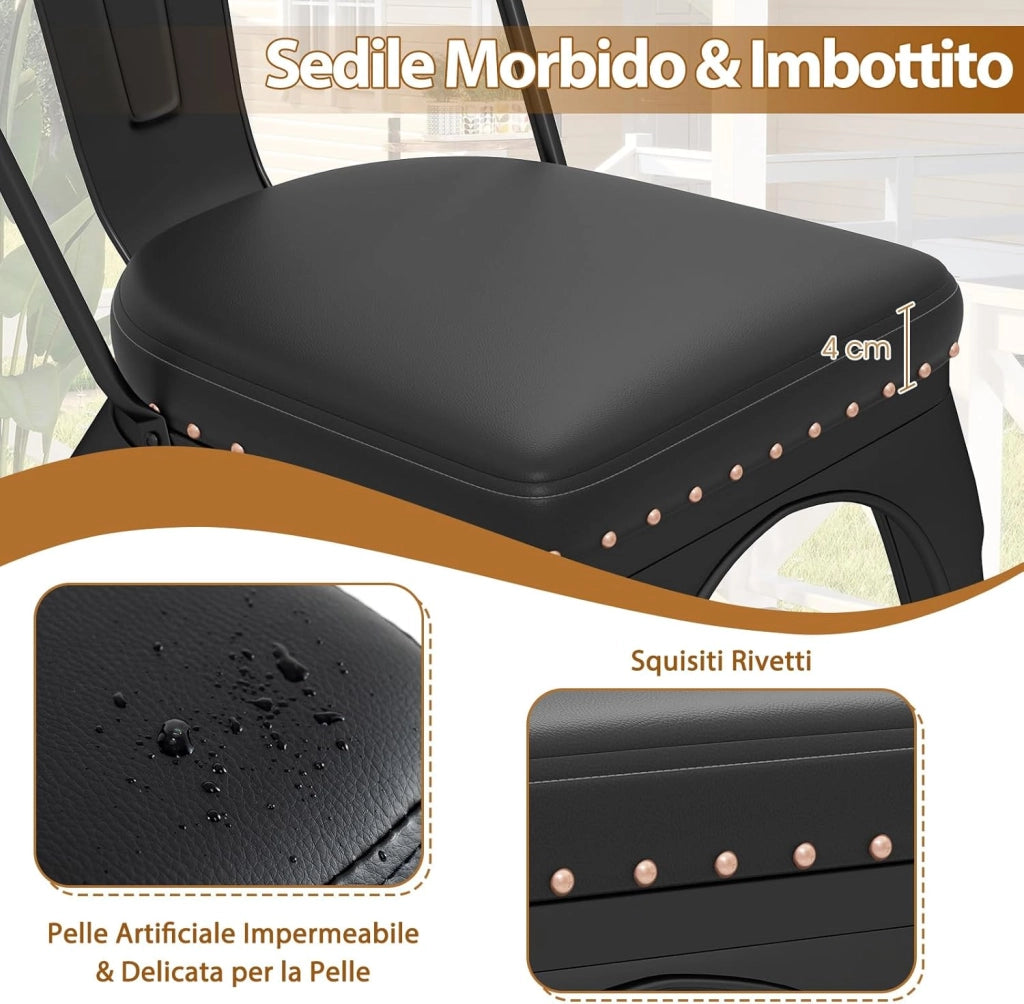 4 Sgabelli Cucina 53 x 44 x 84 cm, Sedie Impilabili con Schienali Rimovibili e Sedile Imbottito in Finta Pelle, Sgabelli in Metallo per Ristorante, Bistro e Bar (Nero)