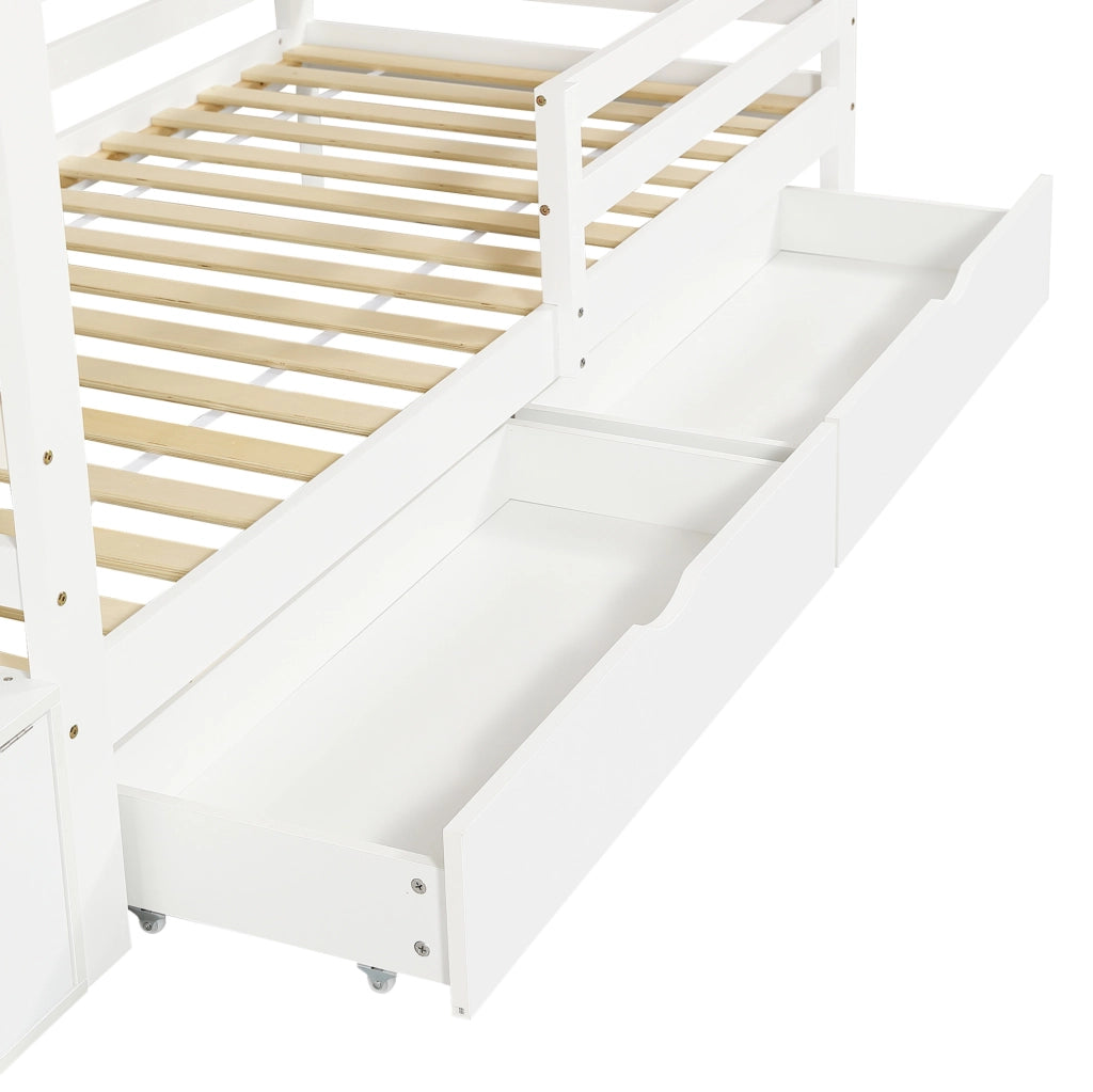 Letto a castello in legno con scale contenitore e cassetti