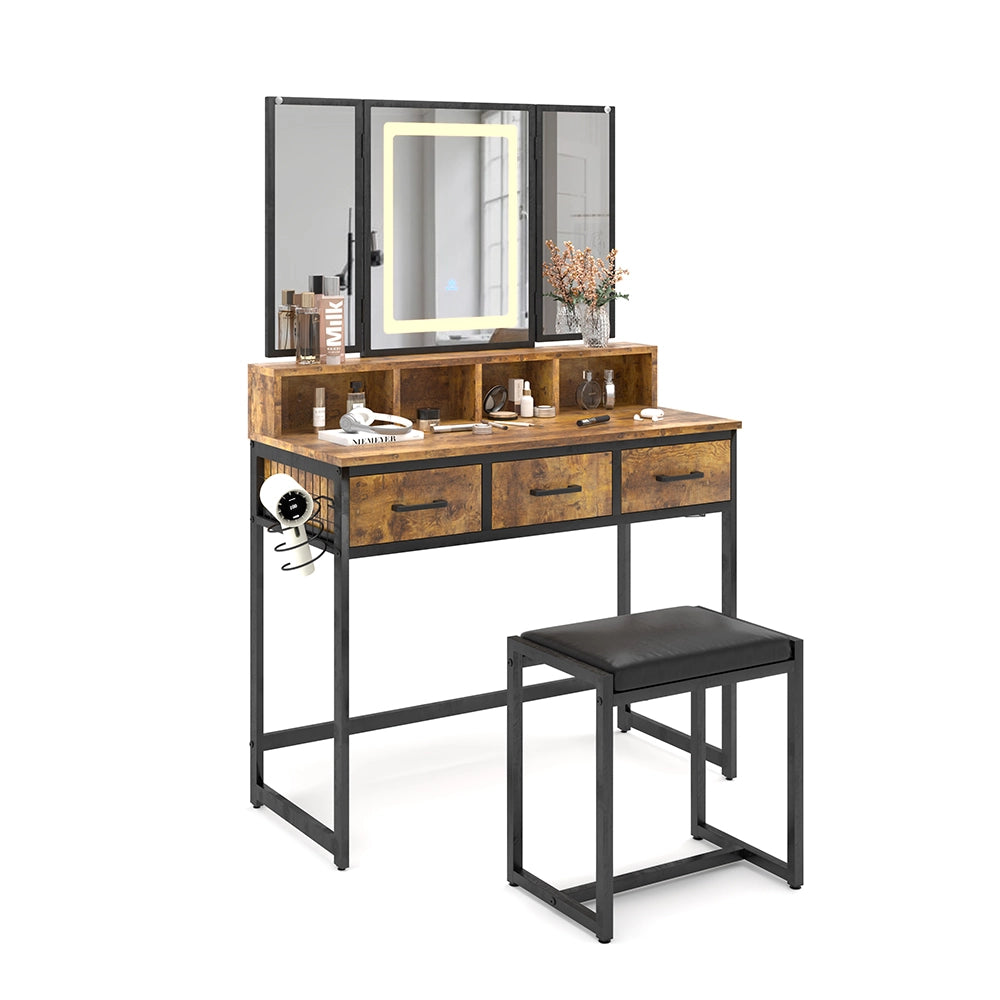 Vicco Tavolo da toilette Rovere rustico 90 cm con sgabello e specchio LED