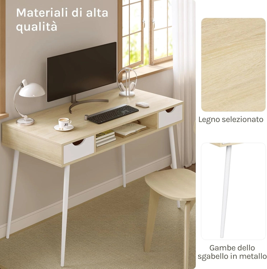 Scrivania Bianca con 2 Cassetti e Ripiano - 120x58x75cm Tavolo Quercia PC per Soggiorno - Telaio Metallo