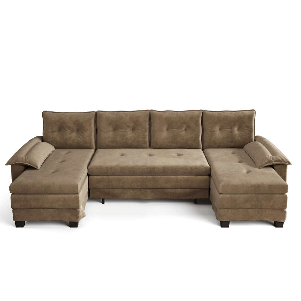 Divano modulare a U convertibile con USB, 4 cuscini, ciniglia khaki 278 × 127 × 87 cm