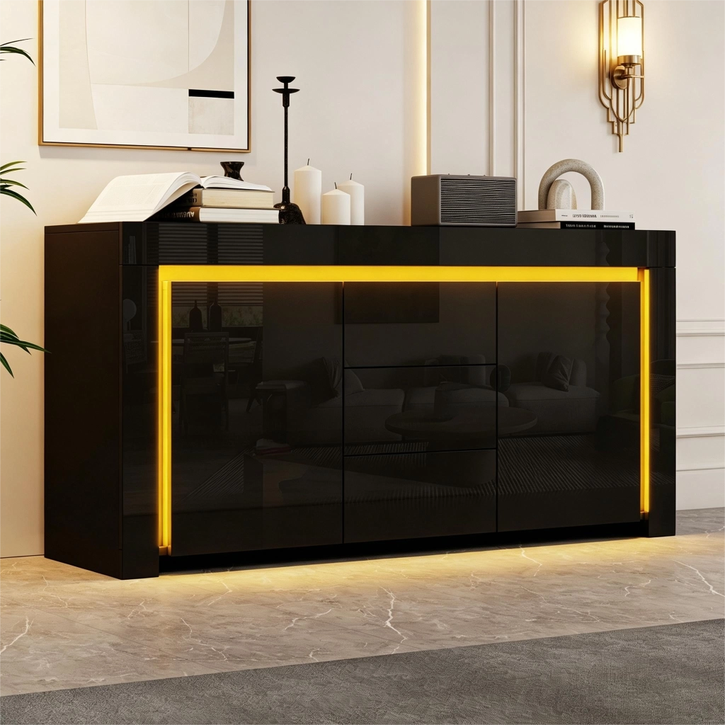 Sideboard moderno nero 140 x 40 x 65 cm con 2 ante, 3 cassetti, LED e finitura lucida