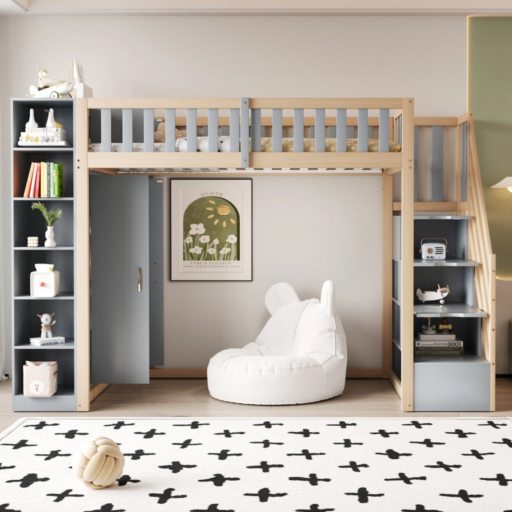 OKWISH Letto a Soppalco 90×200 cm, Letto Singolo con Armadio, Mensole e Scala con Contenitore, senza Materasso, in Legno, Grigio