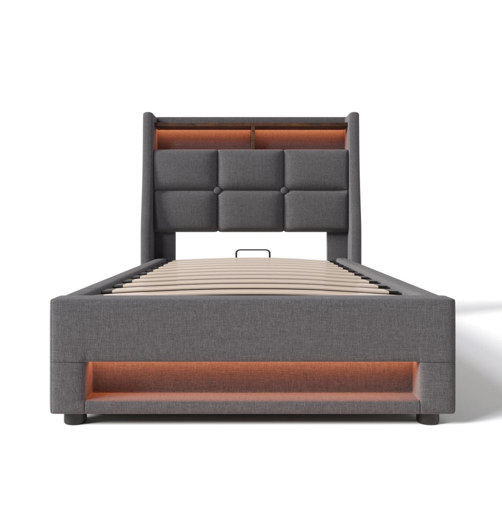 Letto imbottito 90x200 cm con LED e USB; stile vintage; grigio; con materasso