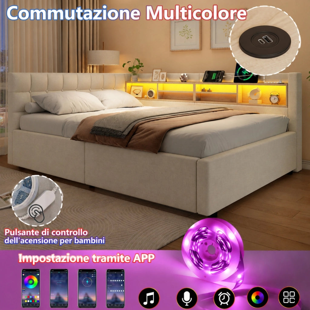 Letto singolo 90x200 cm contenitore con sollevamento idraulico e mensole; lino e MDF grigio
