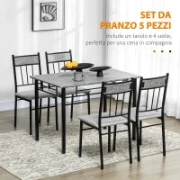 Set Tavolo e Sedie 5pz, Tavolo da Pranzo Rettangolare in Metallo e MDF e 4 Sedie da Pranzo Grigio e Nero