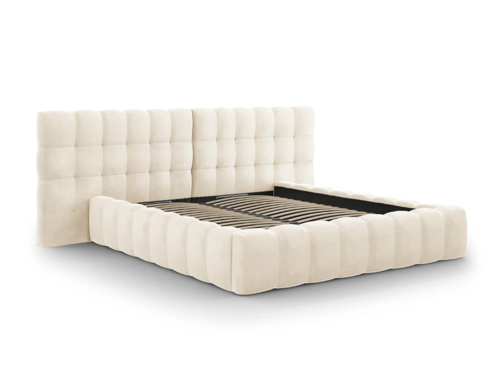 Cosmopolitan Design - Letto a cassettone con testiera doppia "Bali" 140x200cm in velluto beige chiaro 