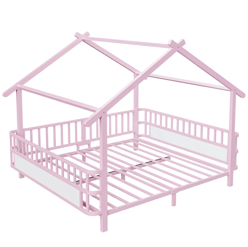 Letto per bambini 140x200 cm con sbarre di sicurezza e tetto in metallo rosa