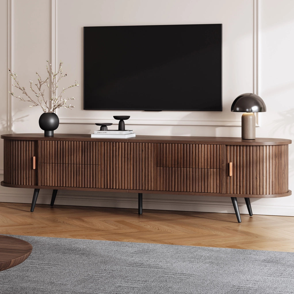 Mobile TV ovale 180x40x45 cm con 4 cassetti e anta a serranda; MDF noce