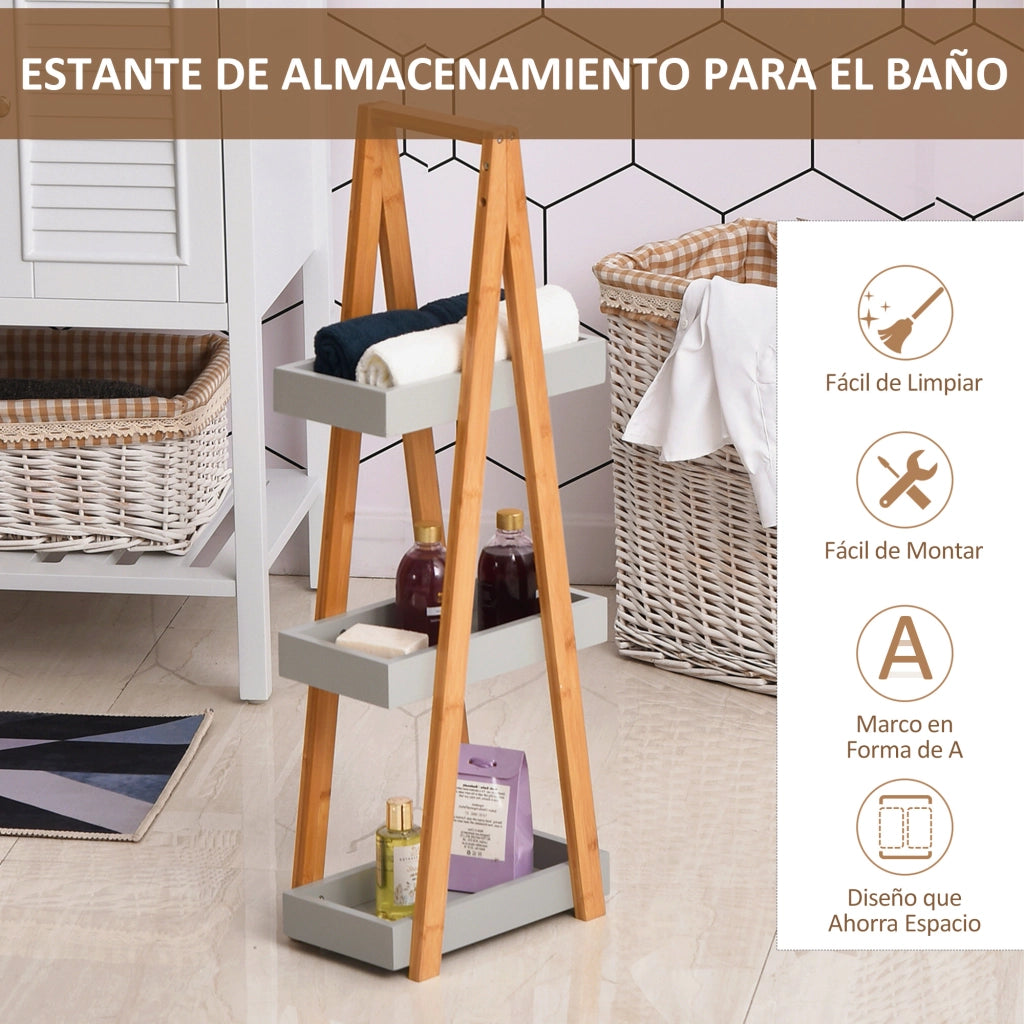 Scaffale da Bagno in Bamb¨´ con 3 Ripiani A-Forma ¨C zephmum ¨C Naturale e Grigio 30x18x81 cm