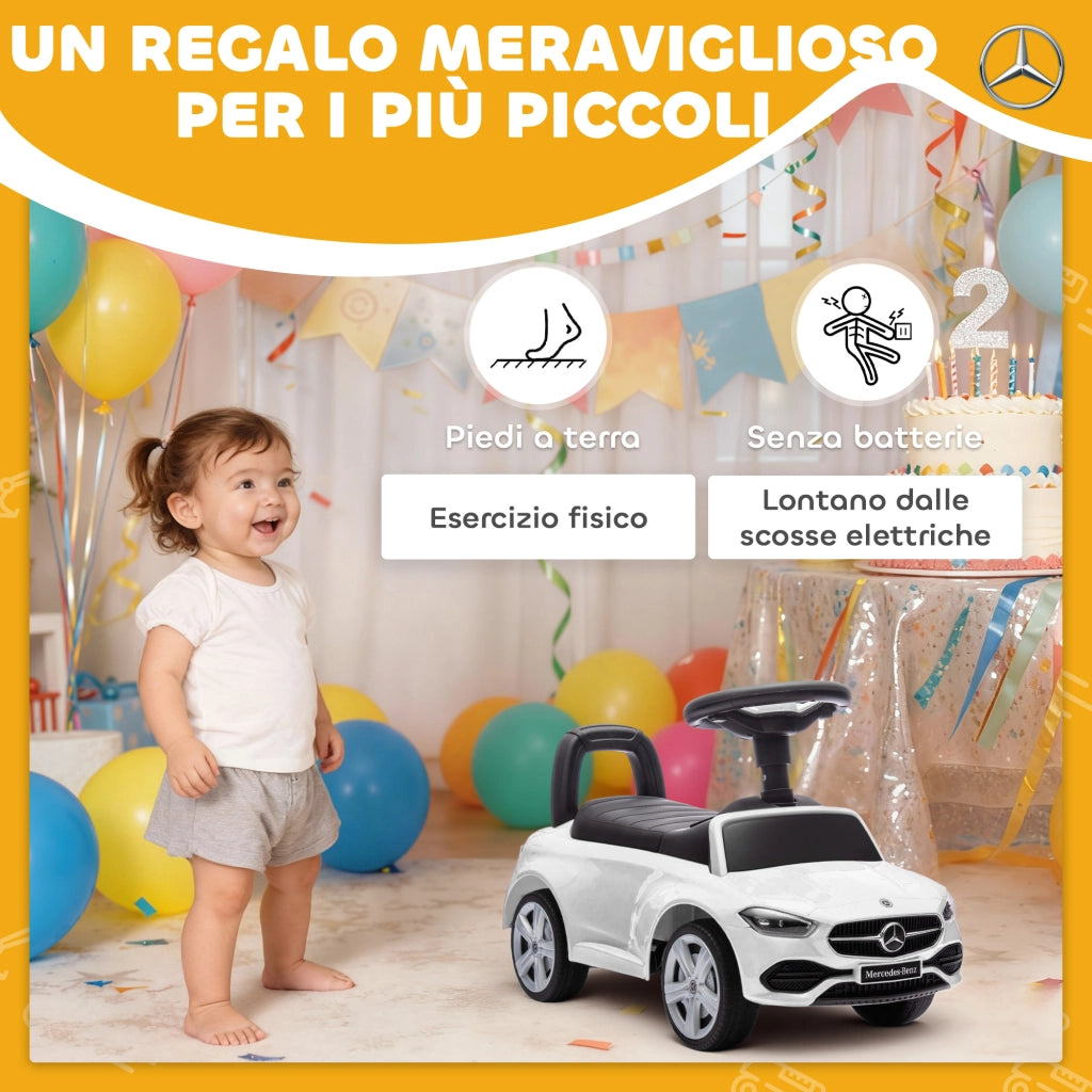 Macchina per Bambini Cavalcabile 65x28x39 cm Licenza Mercedes Benz Clacson e Spazio Portaoggetti Bianco