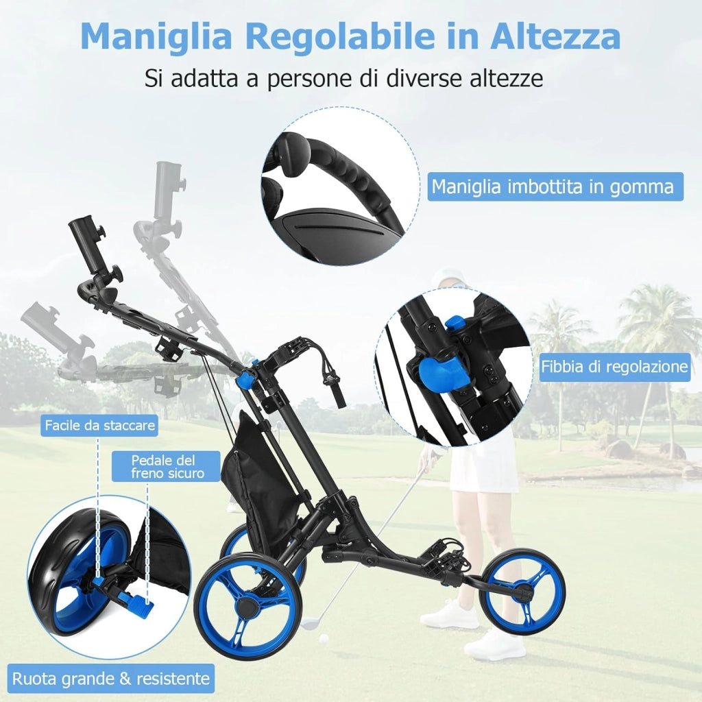 Carrello da Golf Pieghevole con 3 Ruote, Struttura in Alluminio, Cinghia Elastica, Portaombrello Regolabile e Porta Bicchiere, Segnapunti e Freno a Pedale