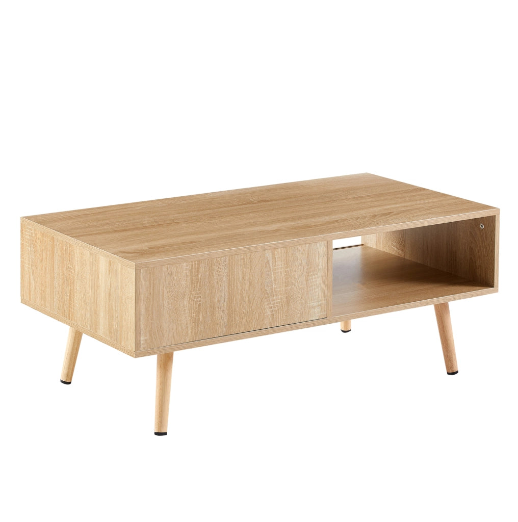 Tavolino da caffè con porta scorrevole; gambe in legno; effetto rattan; MDF; naturale