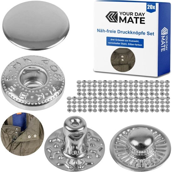 Drukknoop in zilver, Ø 12,5 mm, 20 paia, con chiusura a ringveer, set senza attrezzi, clip in tessuto per fai da te, drukknoop per riparazione di chiusure metalliche, accessorio di sostituzione per cucire chiusure, drukknoop con chiusura a ringveer.
