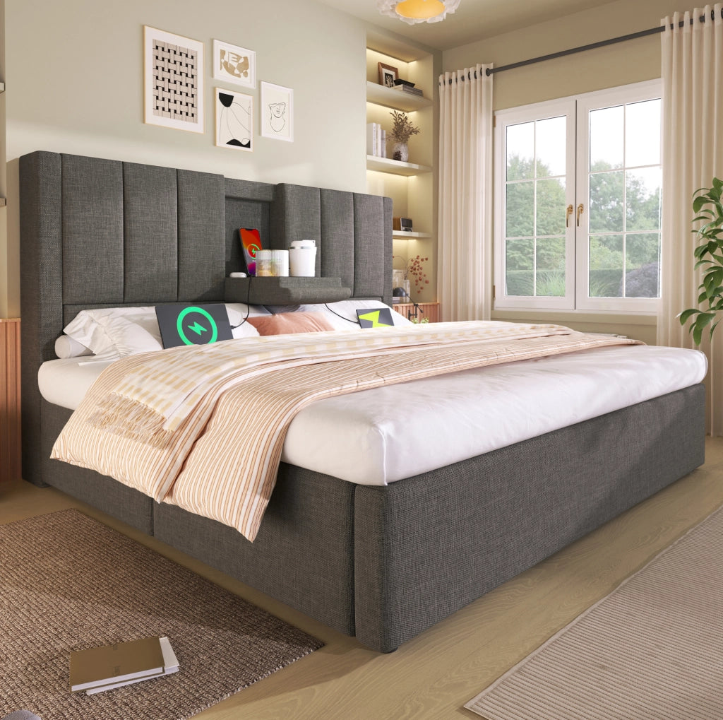 Letto matrimoniale imbottito 140x190 cm in lino grigio con porta bicchieri e ricarica USB