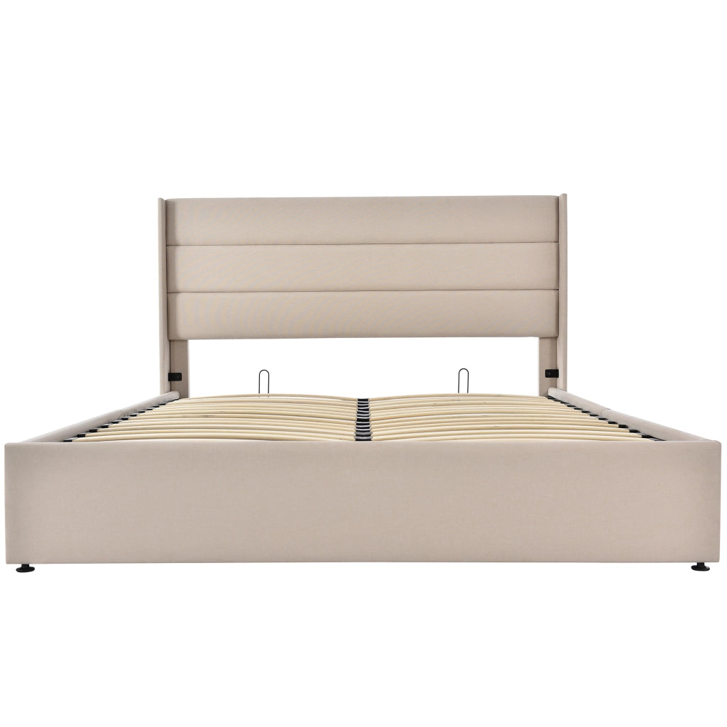 Letti contenitori 160x200 cm; idraulico con testiera imbottita; lino; beige (Senza materasso)