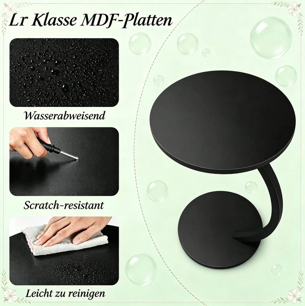 Tavolino Laterale Rotondo a Forma di C in MDF Classe E1 e Metallo, 40x64,5 cm, Desmiu