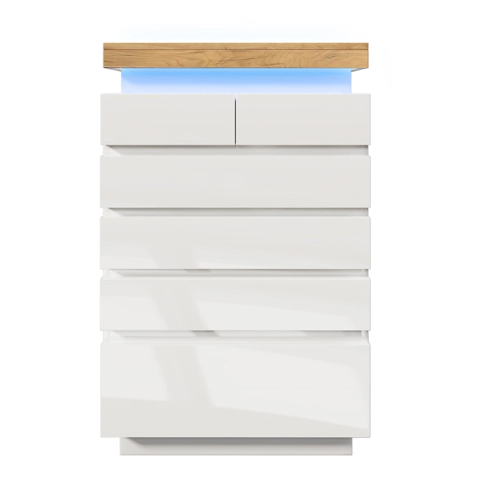 OKWISH Comò con 6 Cassetti e LED, Controllo Tramite App e Touch, per Camera da Letto o Soggiorno, Bianco, 73 x 39 x 115 cm