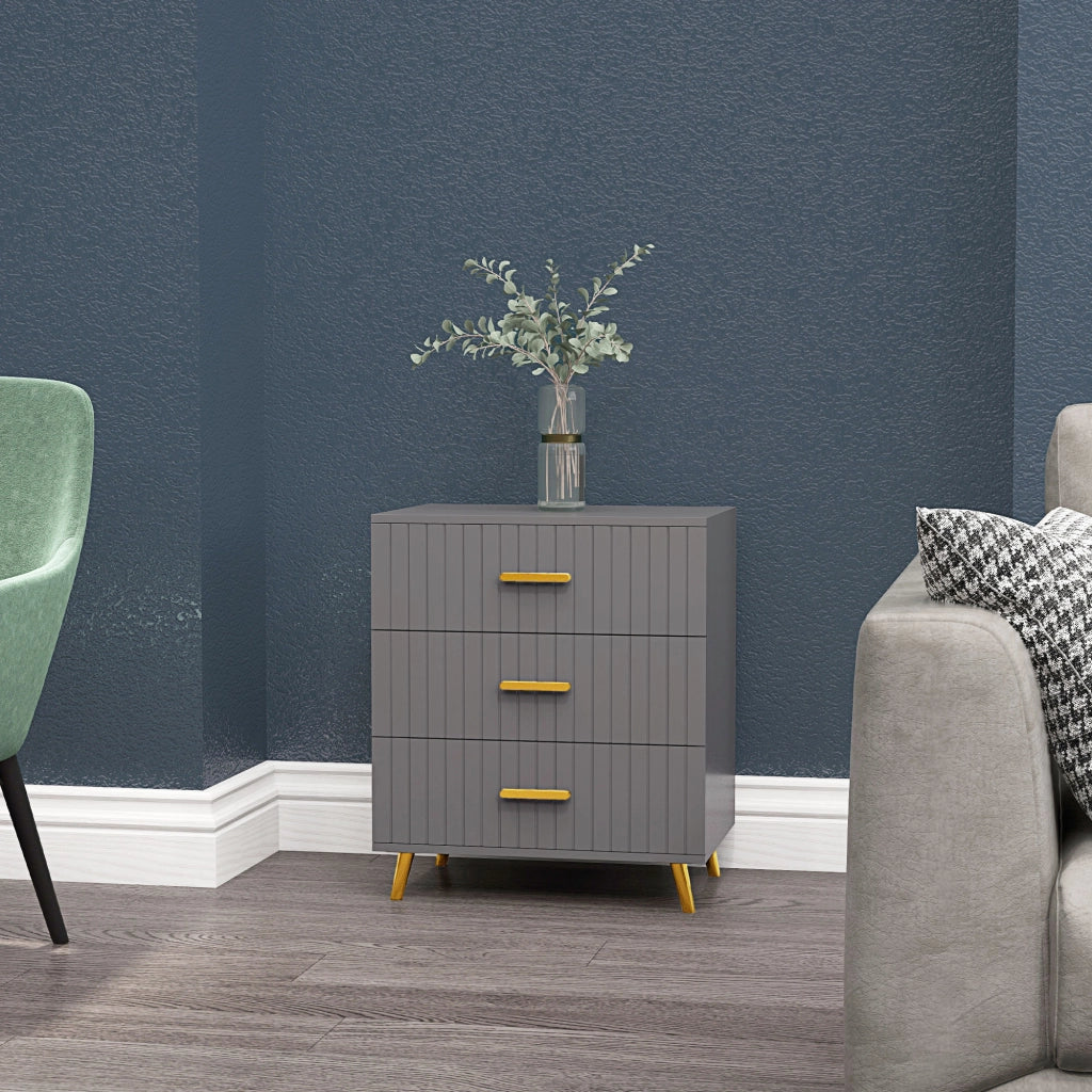 Cassettiera 3 Cassetti Moderna in Legno e Alluminio, 60x40x71.5 cm, Oro e Grigio Scuro