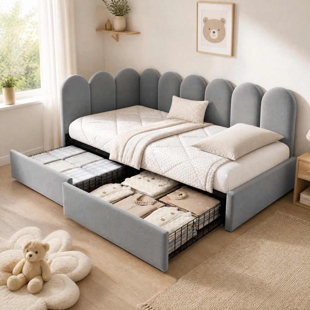 Letto singolo daybed in velluto grigio con 2 cassetti 90x190 cm