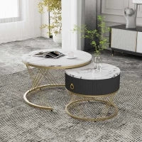 Set di 2 Tavolini da Salotto Moderni Modulari in Marmo Sintetico con Dettagli Dorati e Cassetti, Dimensioni 70x70x45 cm e 50x50x40 cm, Bianco