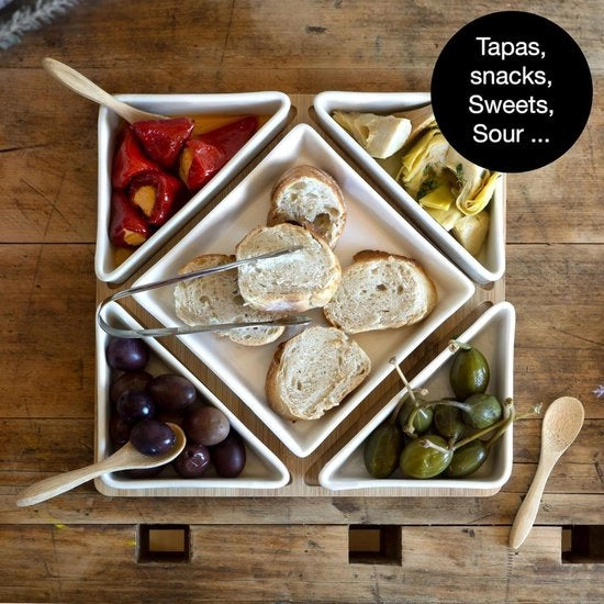Set da servizio da 11 pezzi - Per tapas o snack - Piatti in ceramica - Piatto da servizio - Cucchiaio in bambù