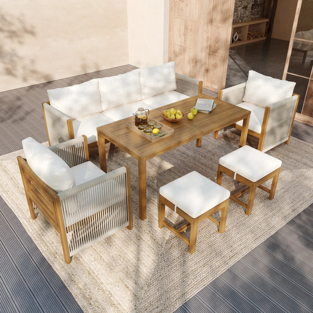 Set pranzo + salotto giardino 6 pezzi: Divanooo 3 posti + 2 poltrone + 2 sgabelli + tavolo; acacia; beige