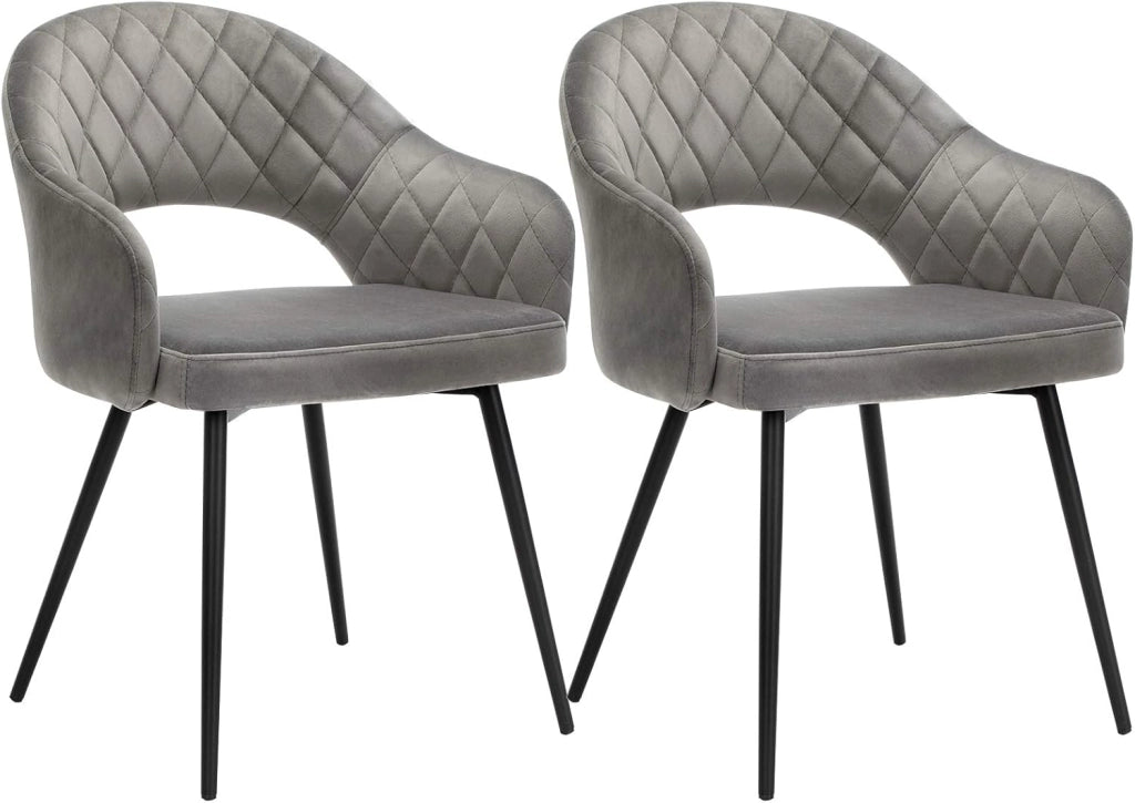 SONGMICS Set di 2 Sedia da Pranzo in Velluto, Sedia da Cucina Imbottita Moderna, con Braccioli, Schienale, Gambe Metalliche, Design Elegante, per Sala da Pranzo, Soggiorno, Grigio LDC82GY02